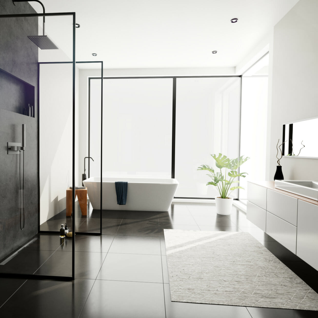 Modernes Bad mit begehbarer Dusche, freistehender Wanne und ACO ShowerDrain S+ Duschrinne mit Designrost Stripes in Silber