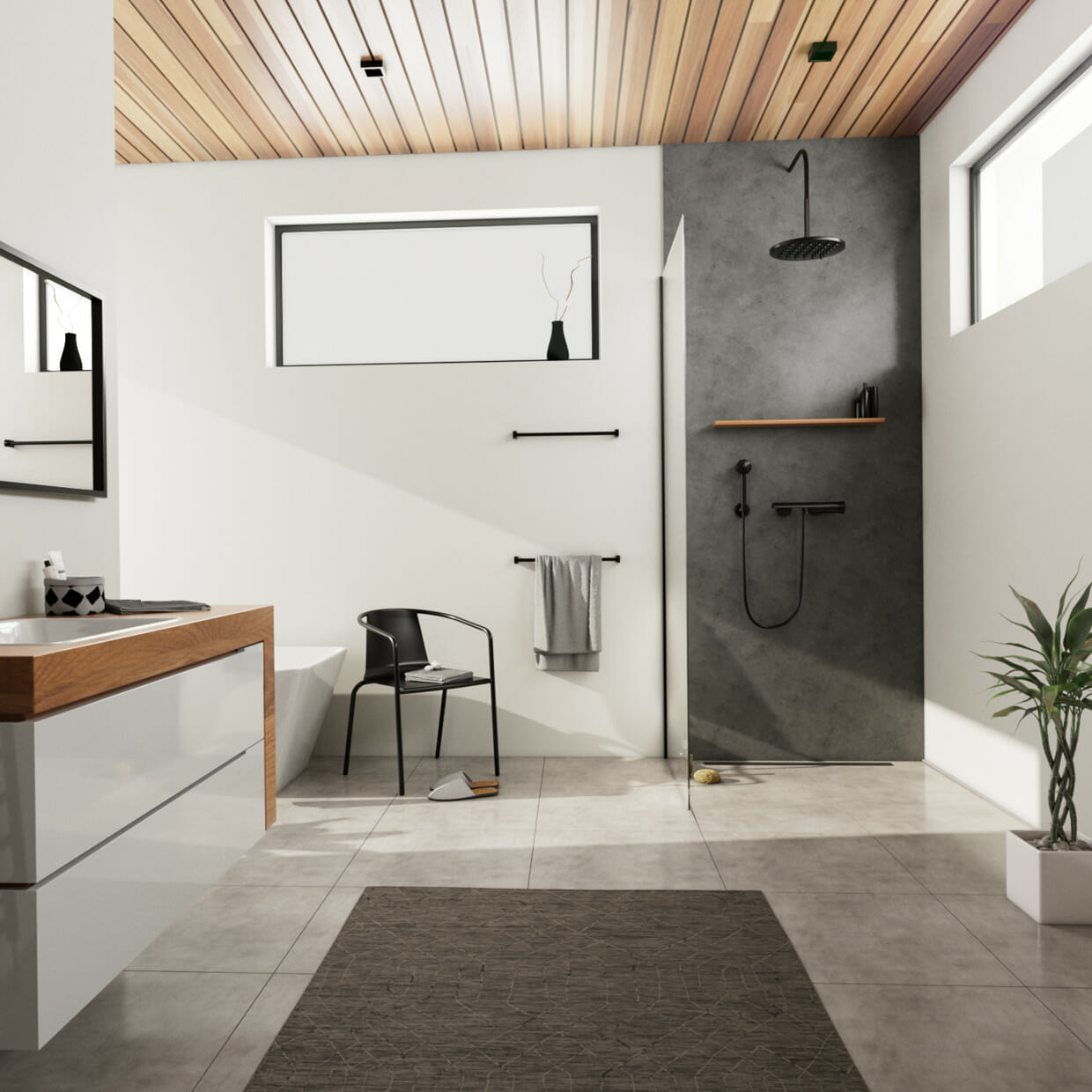 Modernes Bad mit bodengleicher Dusche, freistehender Wanne, Holzdecke und schwarzer ACO ShowerDrain S+ Duschrinne